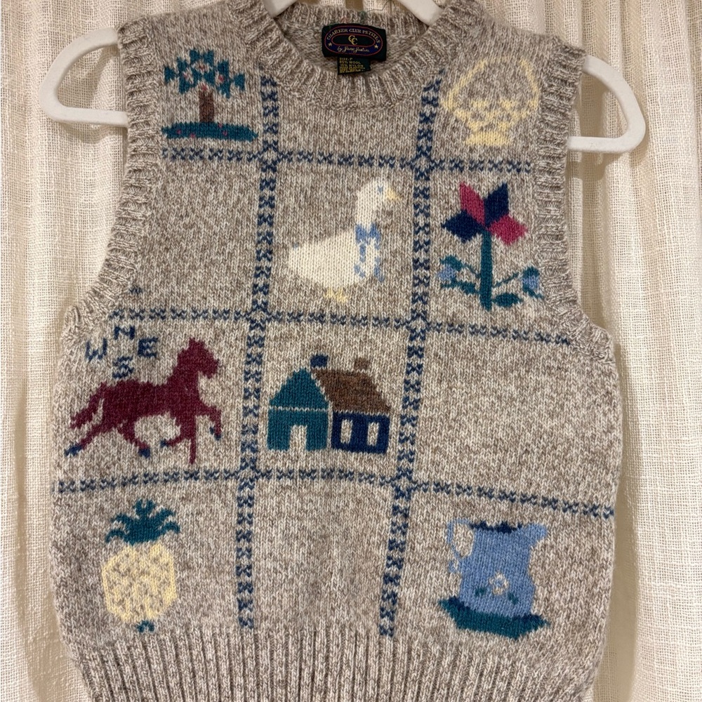 Charter Club Heathered Gray Sweater Vest with Multicolor Embroidery